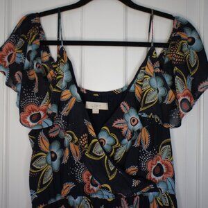ANN TAYLOR LOFT" FLORAL COLD SHOULDER RUFFLE MAXI DRESS SIZE L